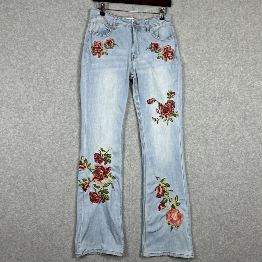 Forever 21 Premium Y2K Bootcut Jeans Rose Embroidered Mid Rise 29 Blue